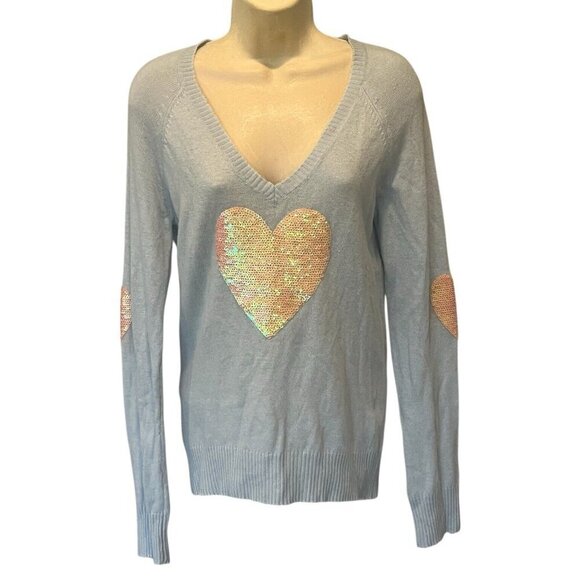 WILDFOX White Label Blue Angora blend Sequin Hearts V-Neck Sweater Top - Picture 3 of 10